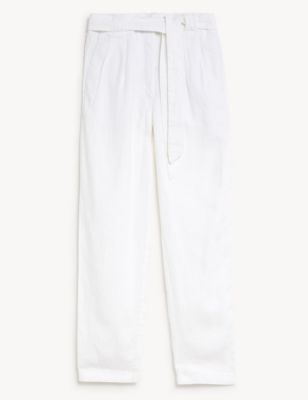 Pure Linen Belted Tapered Trousers