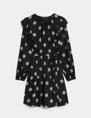 Printed V-Neck Ruffle Mini Waisted Dress