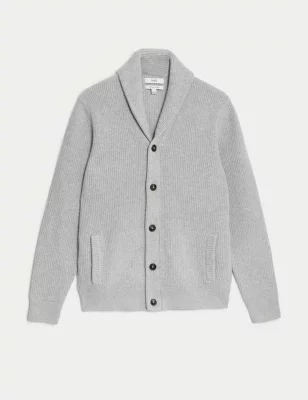 Cotton Blend Textured Shawl Collar Cardigan