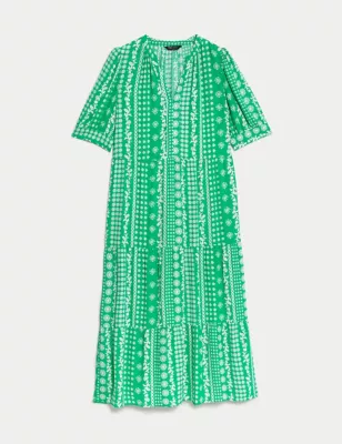 Printed V-Neck Midi Relaxed Tiered Dress