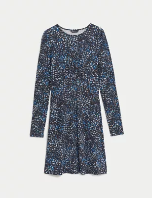 Jersey Printed Round Neck Mini Skater Dress