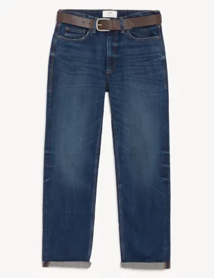Straight Fit Belted Vintage Wash Jeans