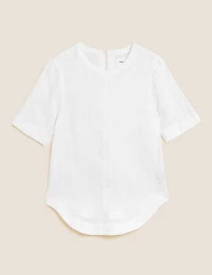 Pure Linen Round Neck Short Sleeve Boxy Top