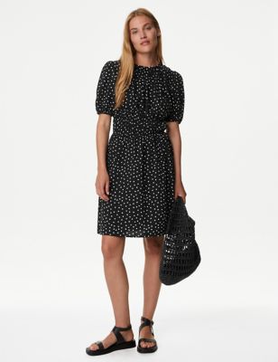 Polka Dot Textured Mini Smock Dress