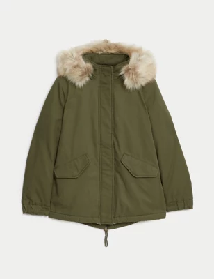 Cotton Rich Hooded Borg Lined Parka Coat