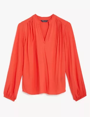 Collarless Regular Fit Long Sleeve Blouse