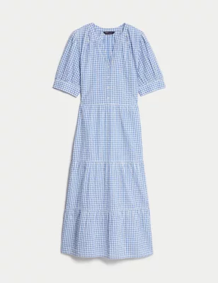 Pure Cotton Checked V-Neck Midi Tiered Dress