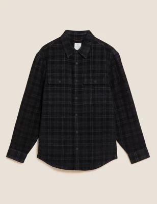 Cotton Blend Corduroy Borg Lined Check Shacket