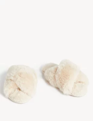 Faux Fur Crossover Slider Slippers