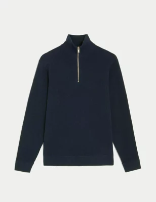 Cotton Blend Textured Half Zip Jumper