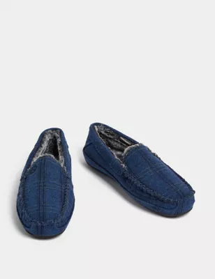 Fleece Lined Checked Moccasin Slippers