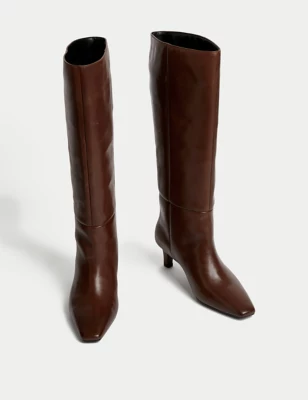Leather Kitten Heel Knee High Boots