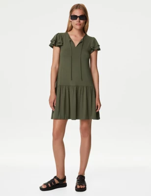 Jersey Tie Neck Mini Smock Dress