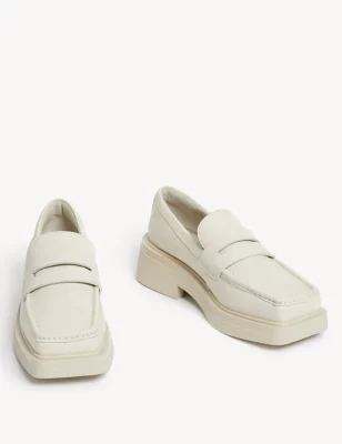 Leather Block Heel Square Toe Loafers