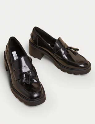 Leather Tassel Block Heel Loafers