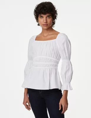 Pure Cotton Square Neck Shirred Blouse