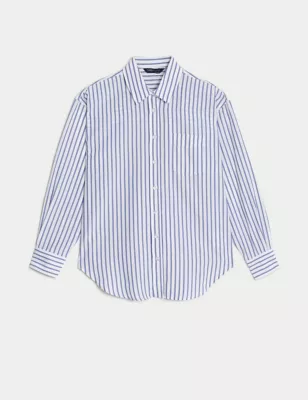 Cotton Blend Striped Collared Shirt