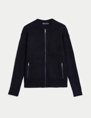 Knitted Ribbed Crew Neck Cardigan