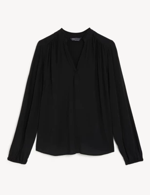 Collarless Regular Fit Long Sleeve Blouse