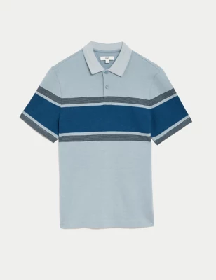 Pure Cotton Striped Double Knit Polo Shirt