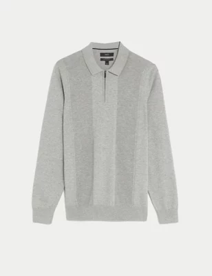 Cotton Rich Zip Up Knitted Polo Shirt