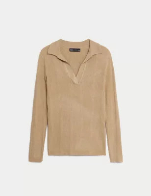 Ribbed Collared Fitted Knitted Top