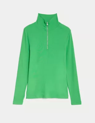 Cotton Rich Ribbed Half Zip Top