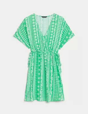 Printed V-Neck Mini Waisted Dress