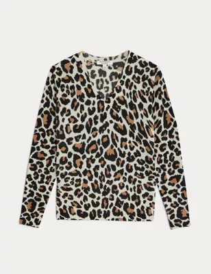 Pure Cashmere Animal Print V-Neck Jumper