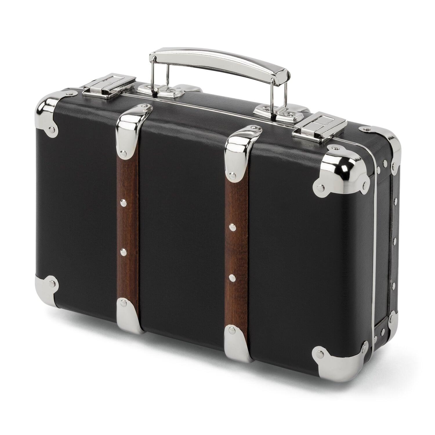 Black cardboard case with wooden strips