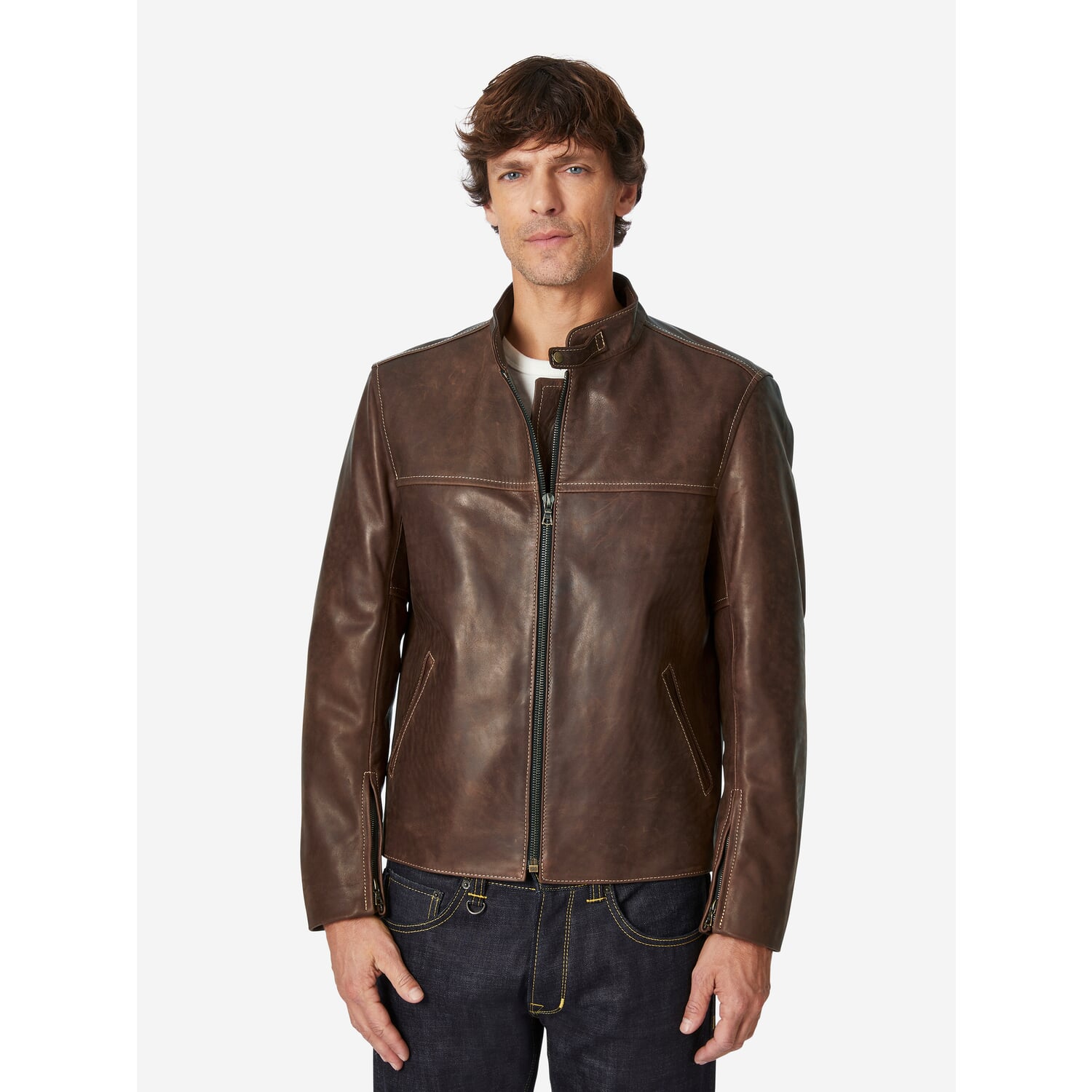 Leather jacket pull up stand up collar