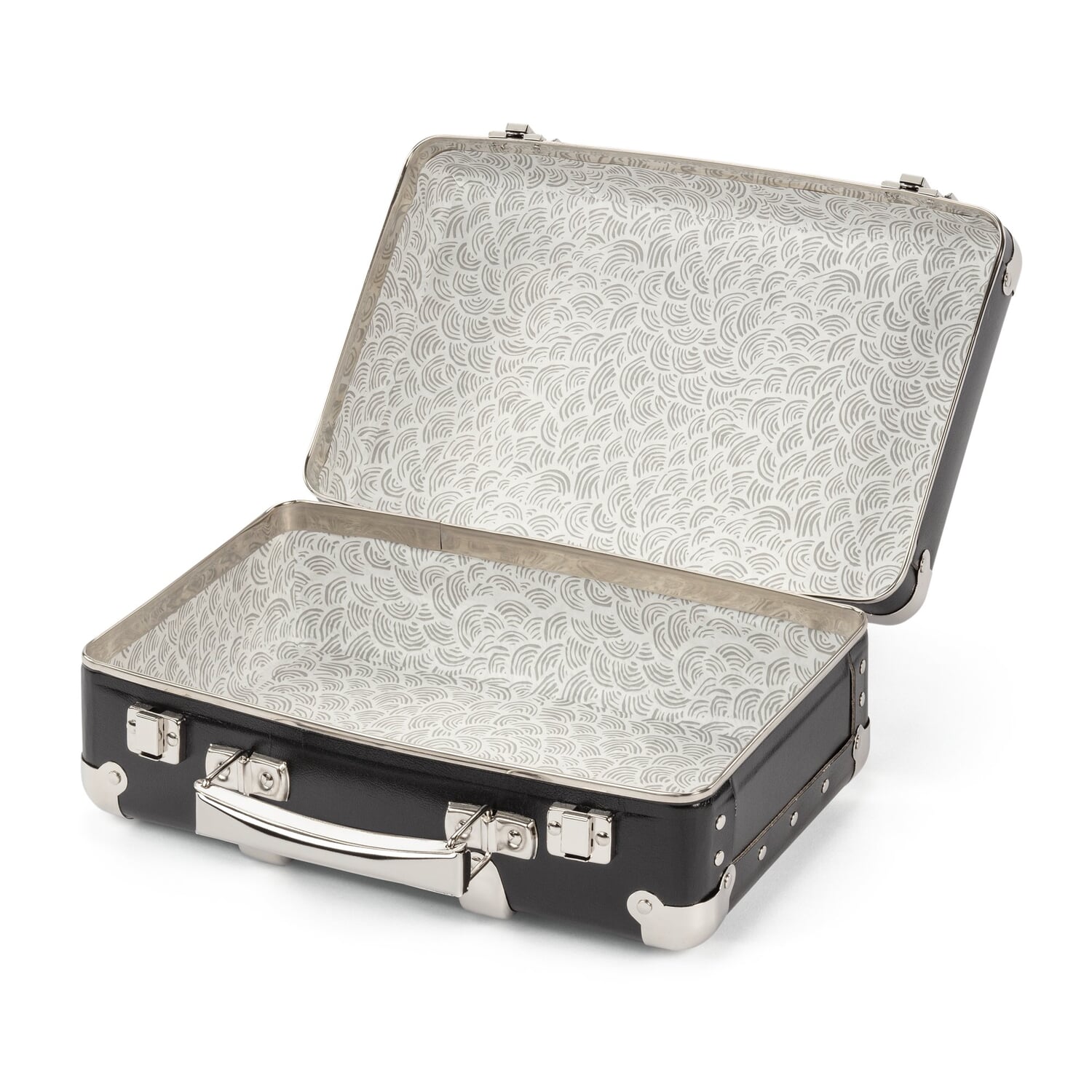 Black cardboard case with wooden strips