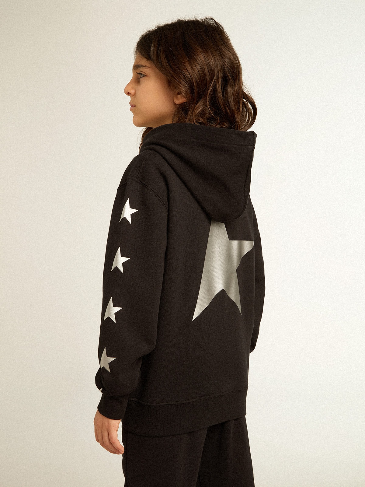 Boys' hooded sweatshirt in black with contrasting silver stars