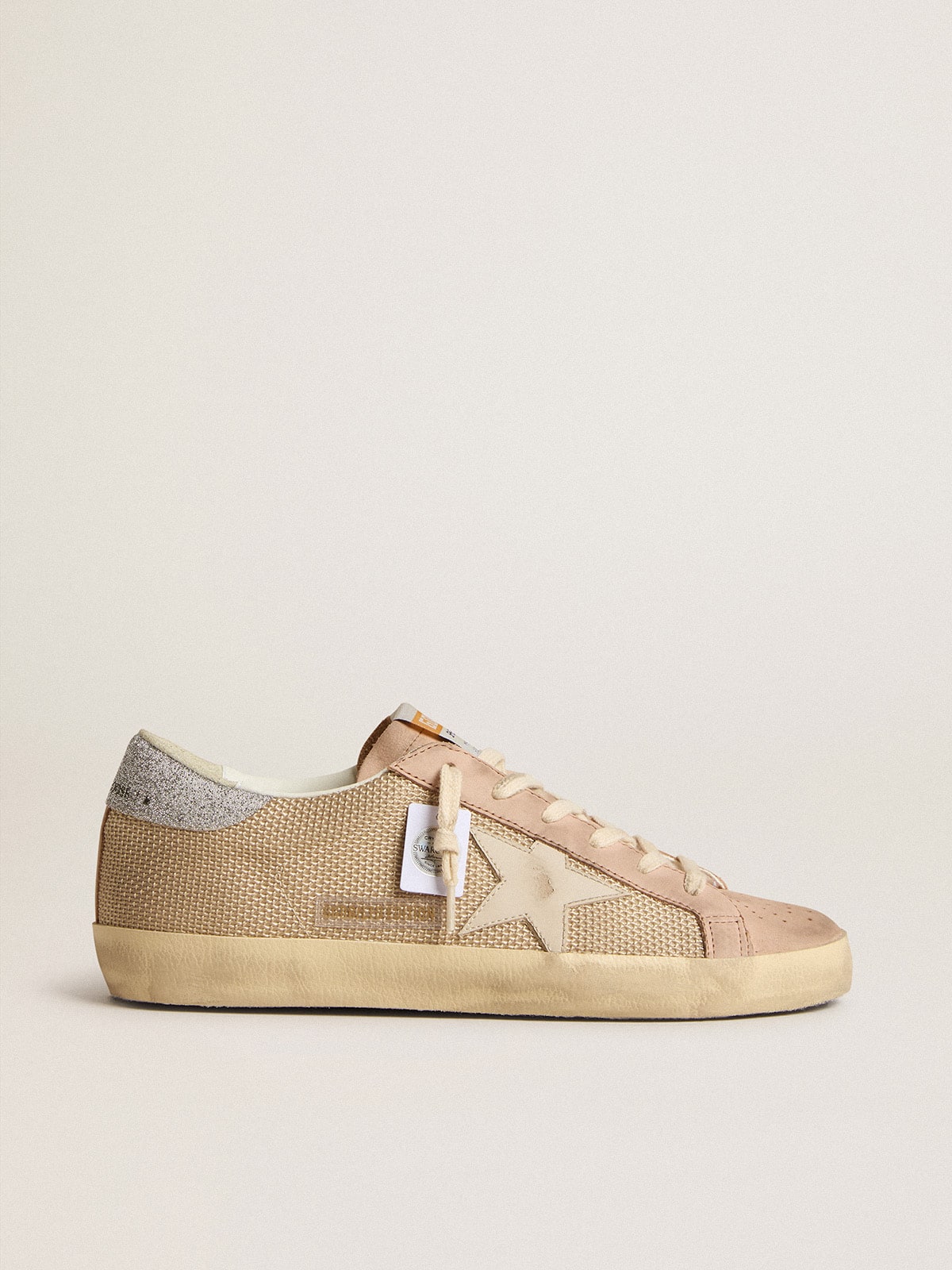 Super-Star LTD in white mesh and pink nubuck with Swarovski crystals heel tab