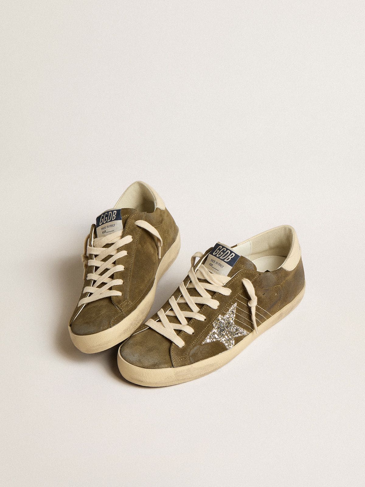 Women's Super-Star in green suede with glitter star and cream heel tab