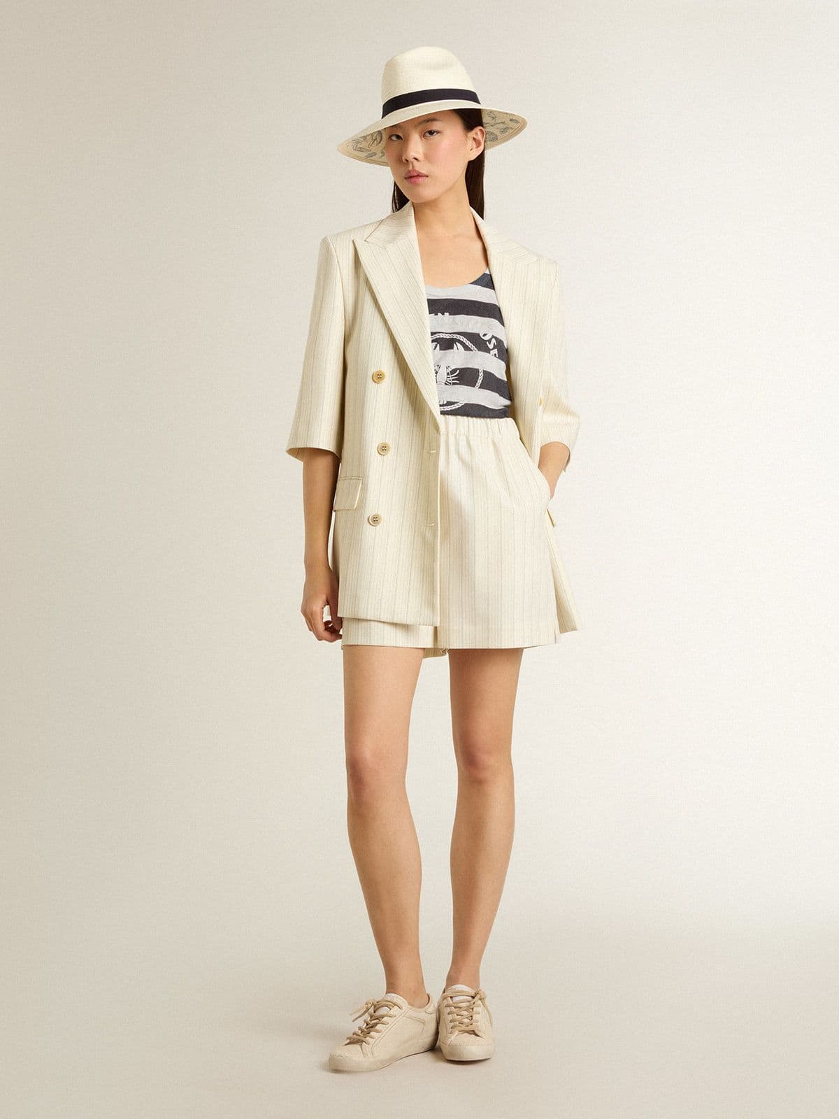 Women's white and blue striped linen jersey top with lobster print