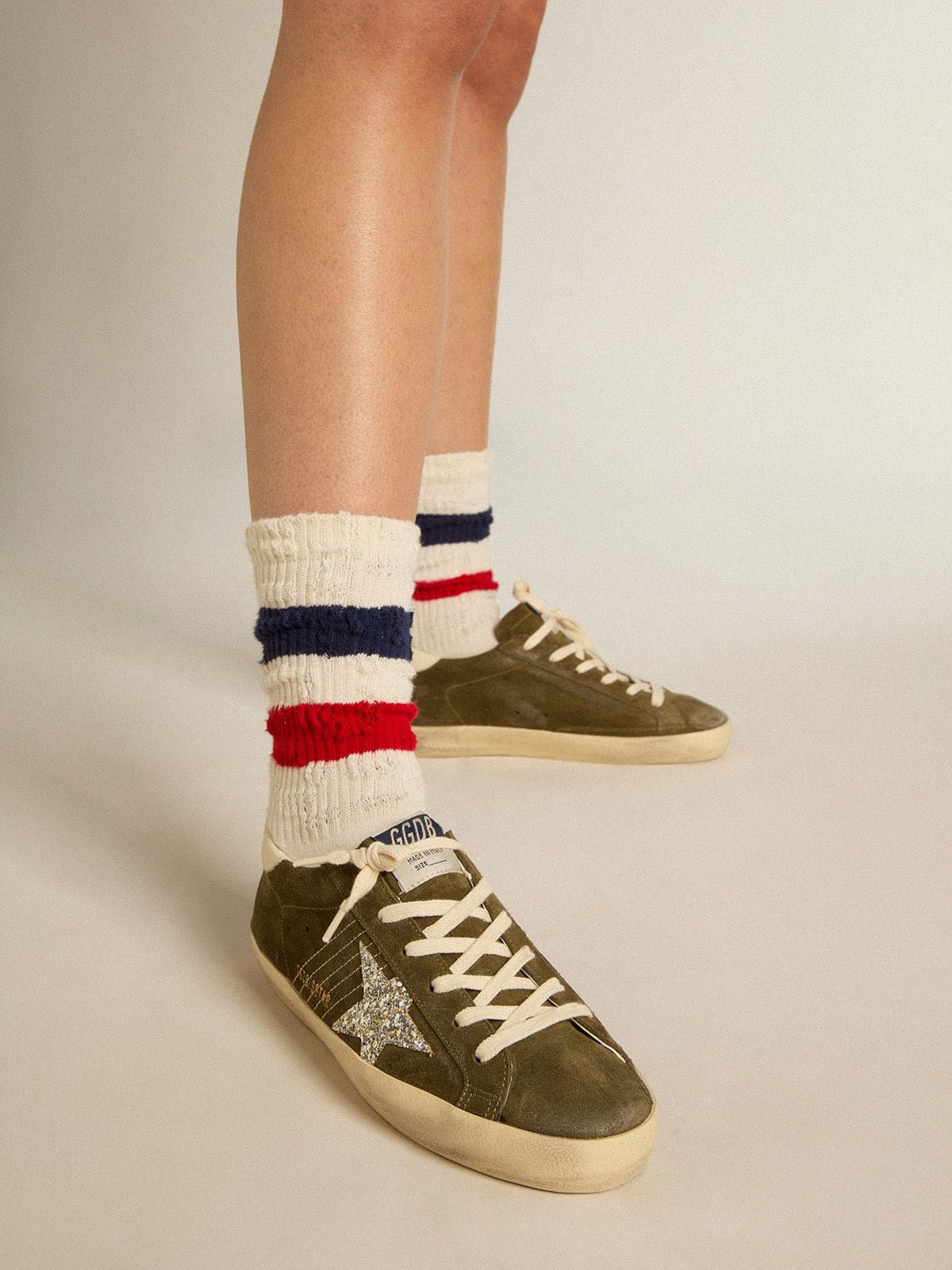 Women's Super-Star in green suede with glitter star and cream heel tab