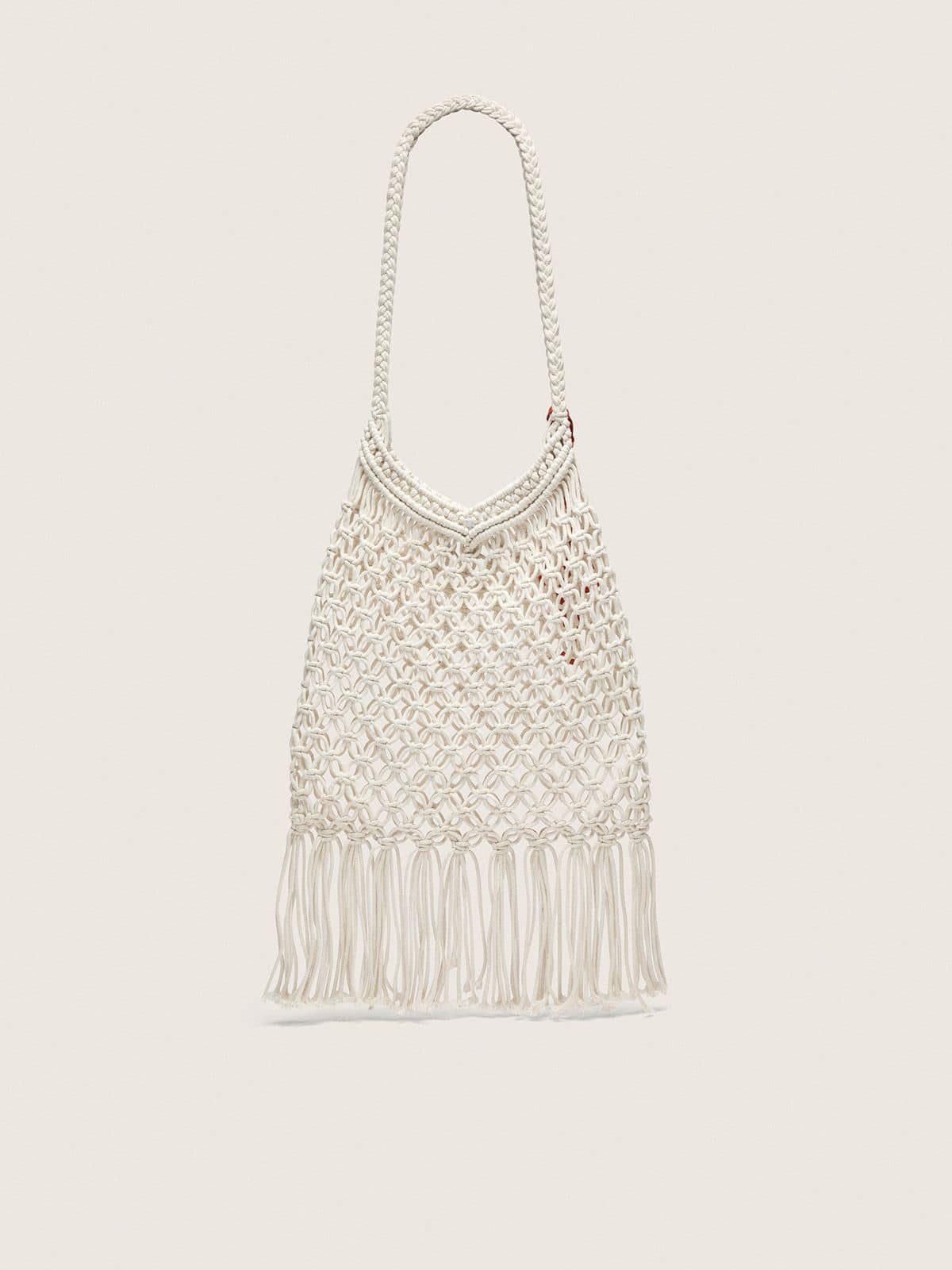 Women's macramé bag in butter-colored cotton with a leather lobster charm