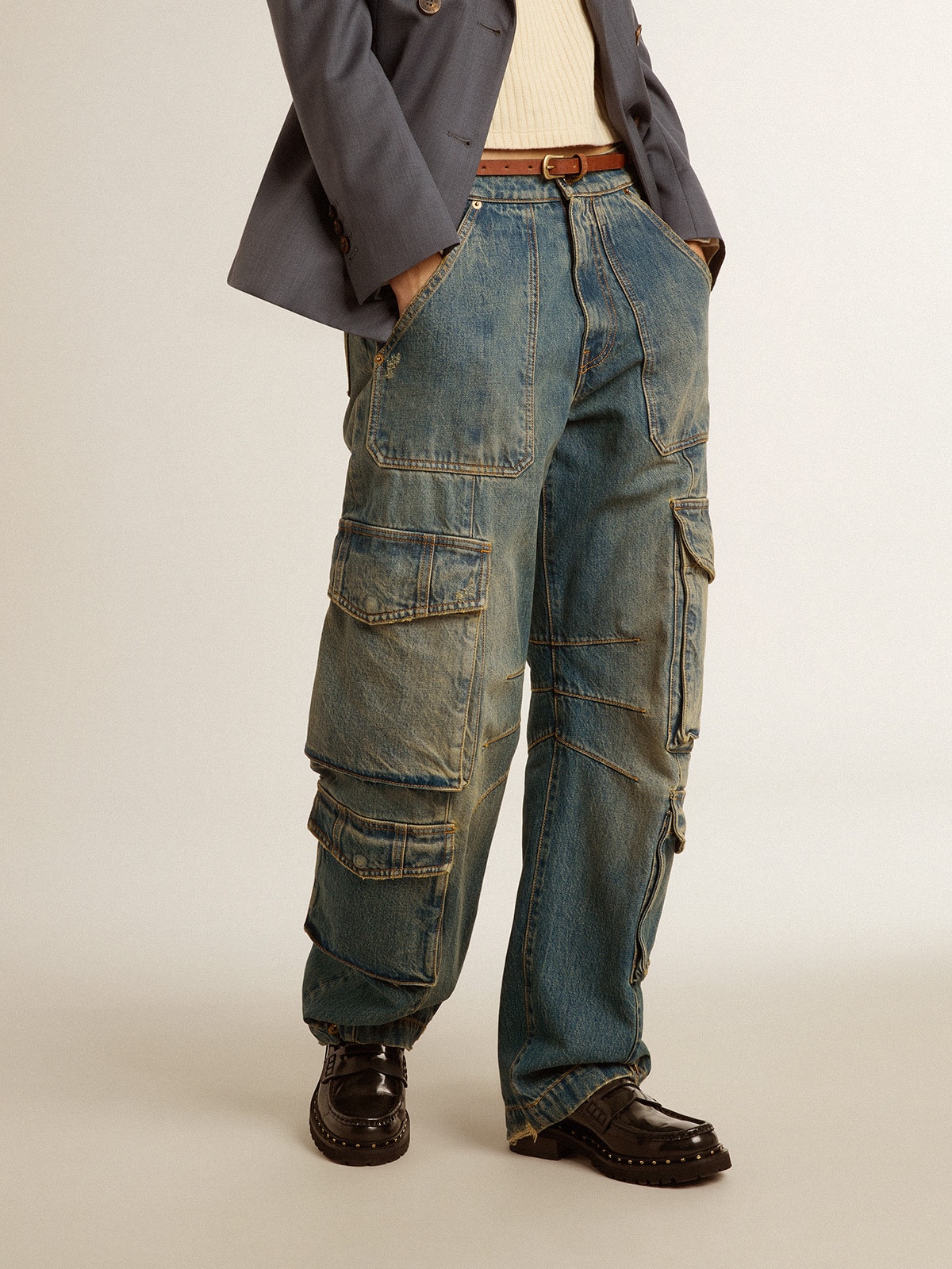 Blue jeans with a distressed finish