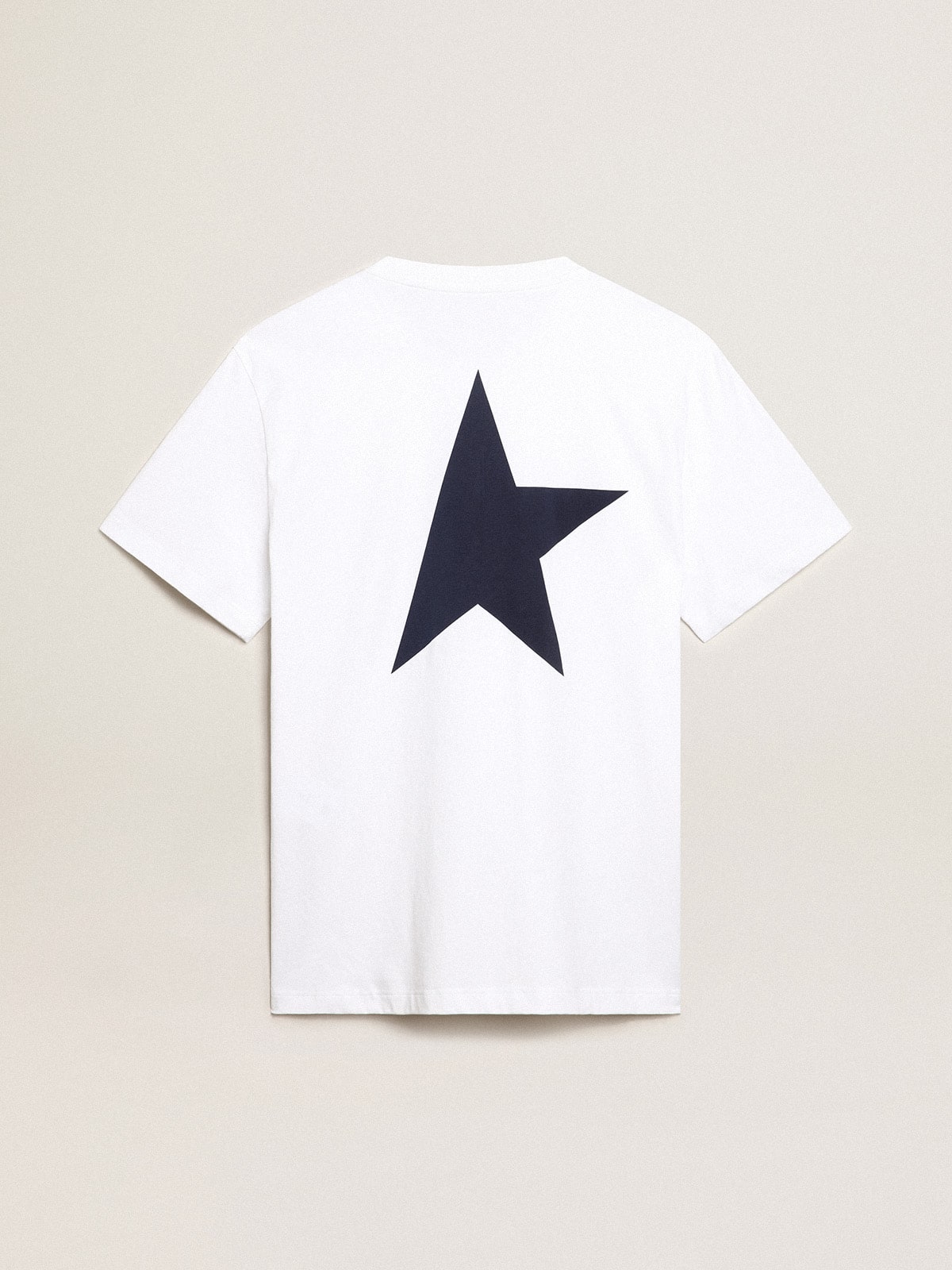Men's white T-shirt with dark blue star on the back