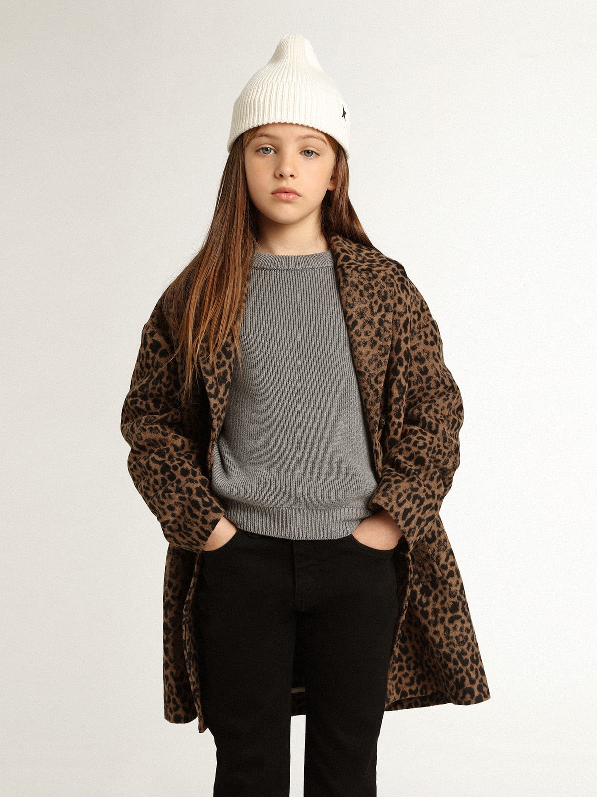 Girls' single-breasted coat in wool with jacquard animal print