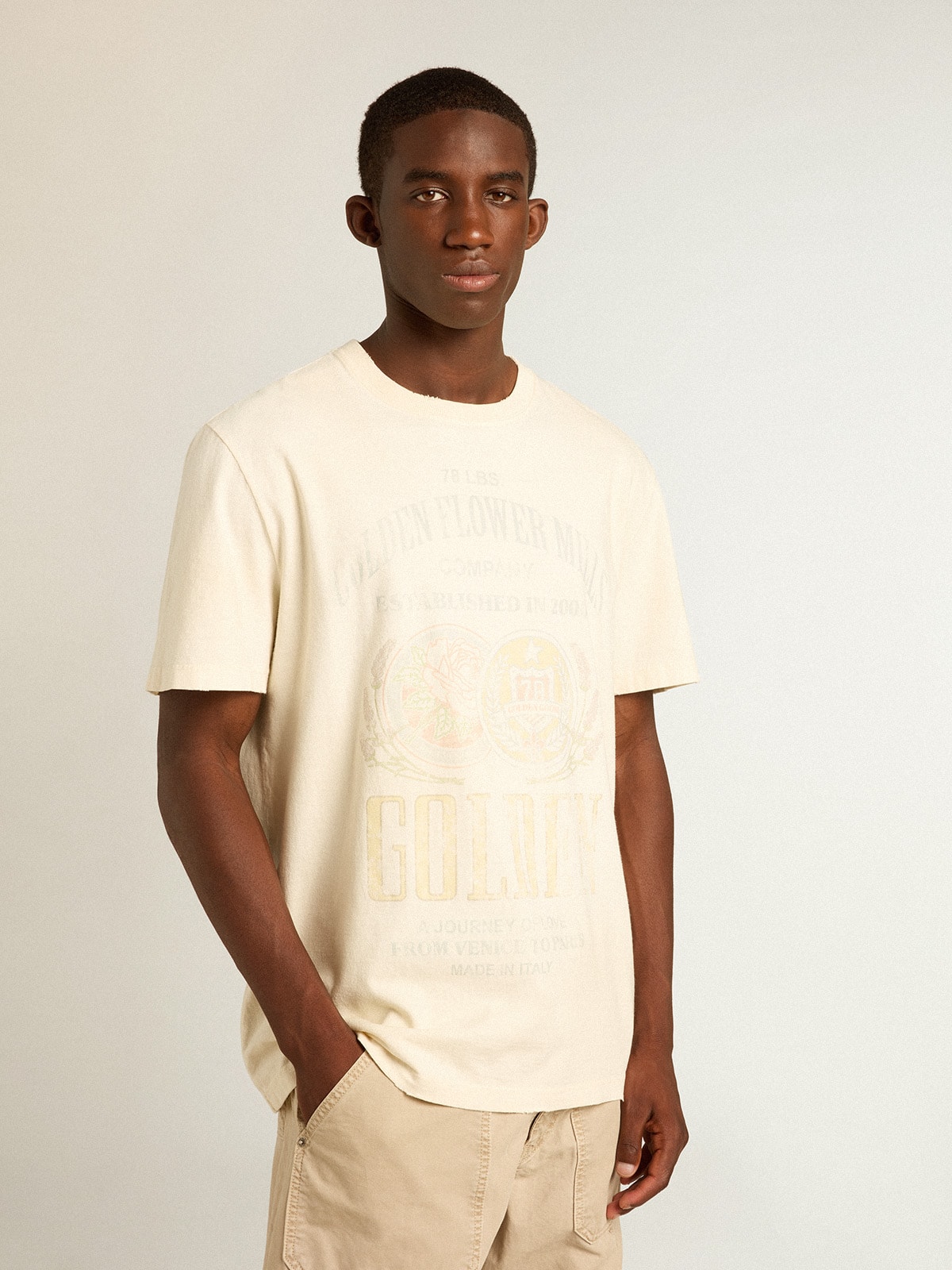 Men's aged white cotton T-shirt with print on the front