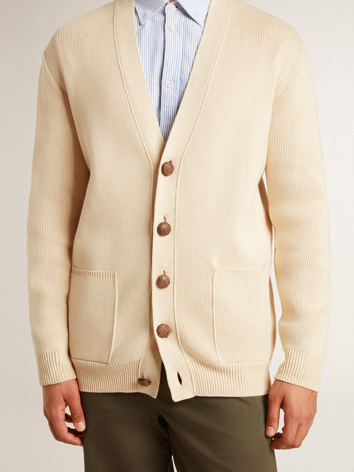Men's beige cardigan with 'Golden' lettering on the back