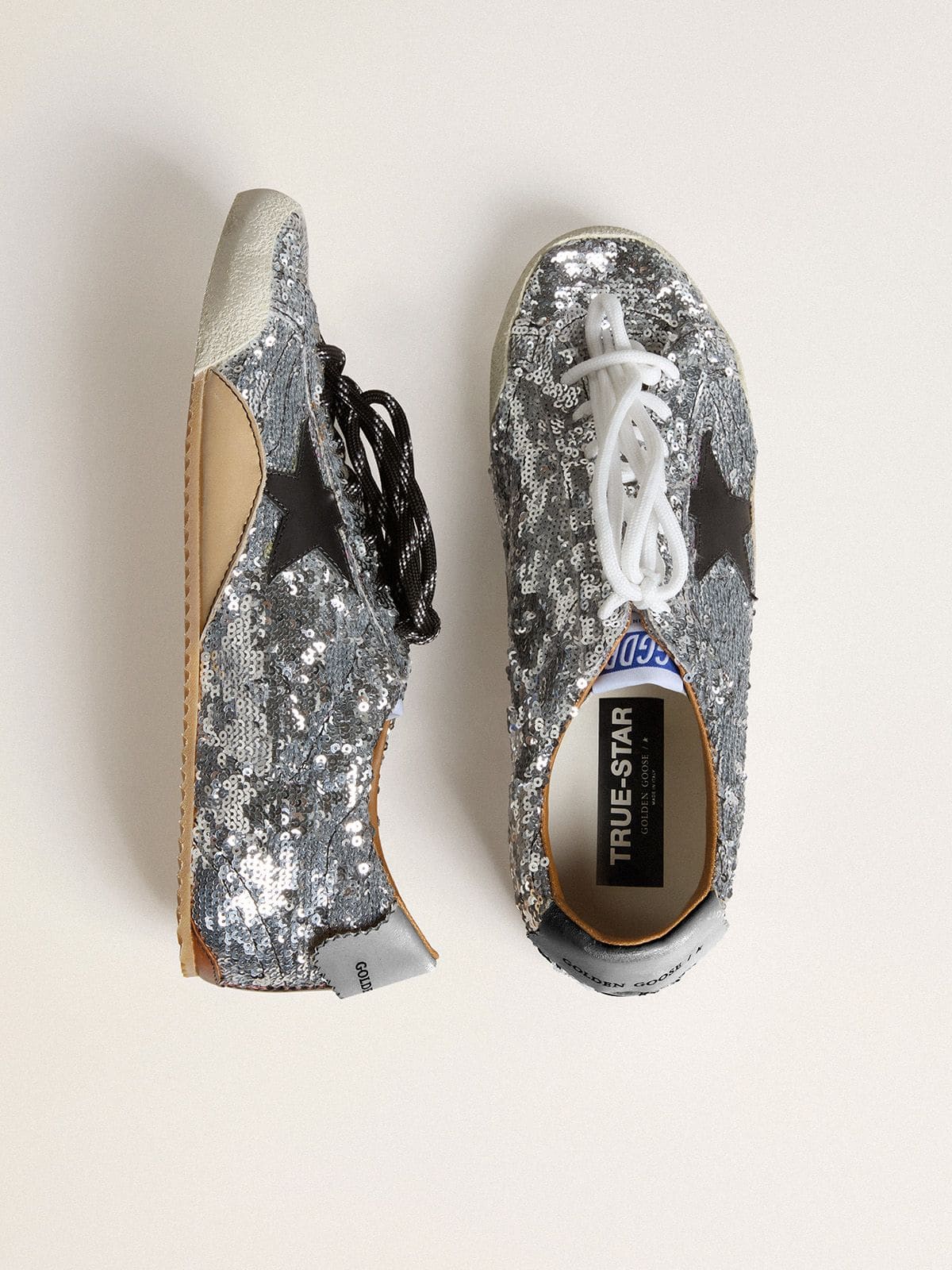 Women's True-Star in silver sequins with black star and beige leather heel tab