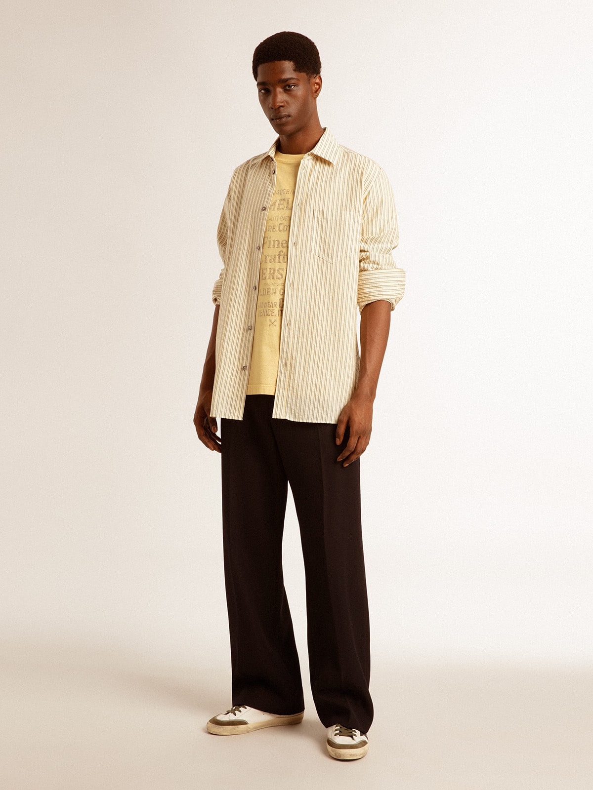 Men's ecru cotton shirt with narrow black stripes
