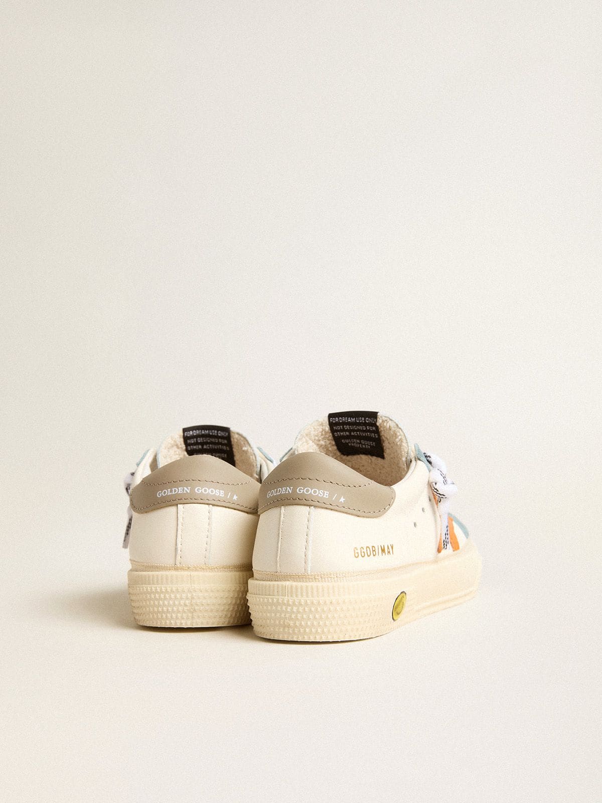 May Teen in nappa with orange leather star and blue suede inserts
