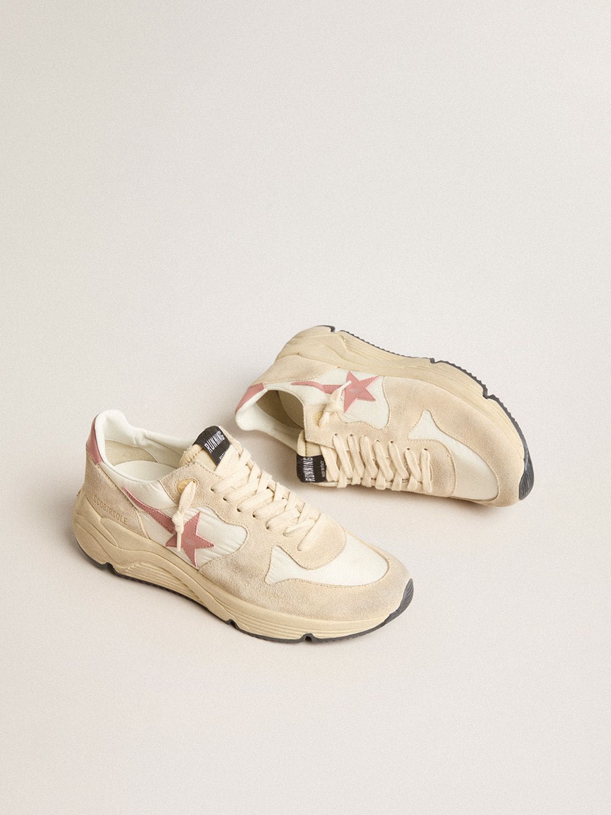 Women's Running Sole in beige nylon with pink leather star and heel tab