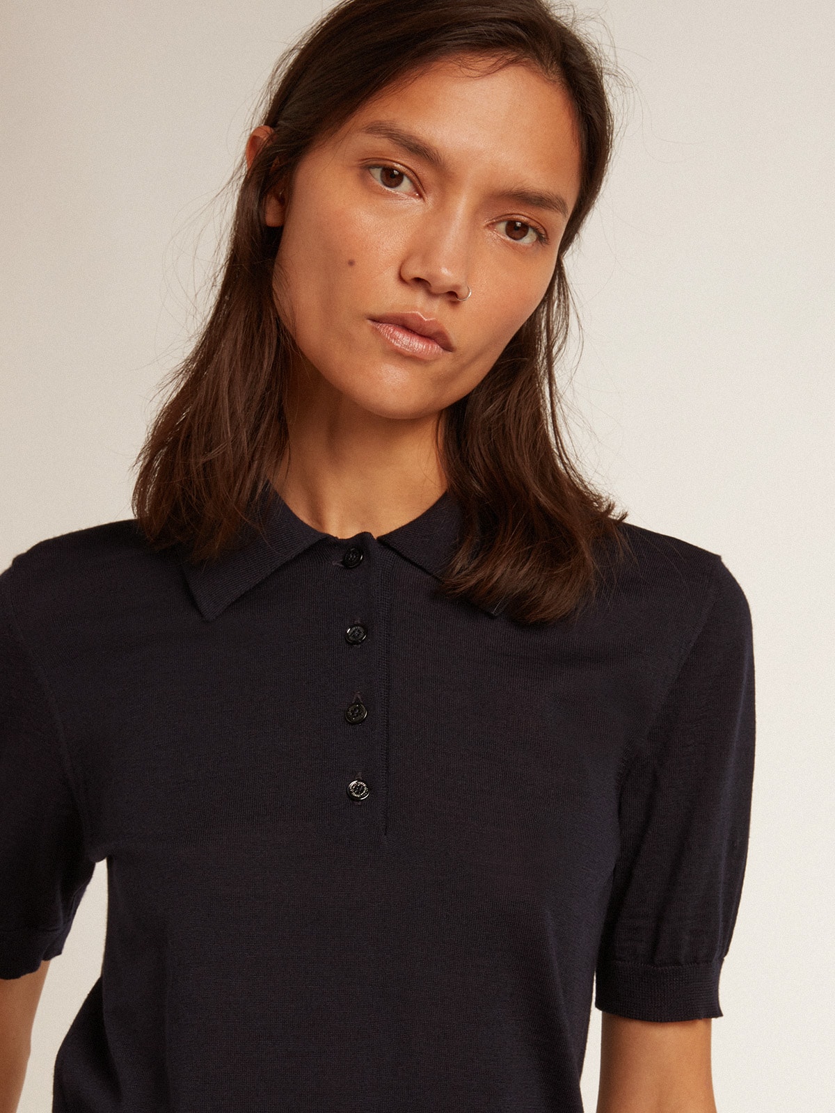 Women's polo shirt in navy-blue merino wool