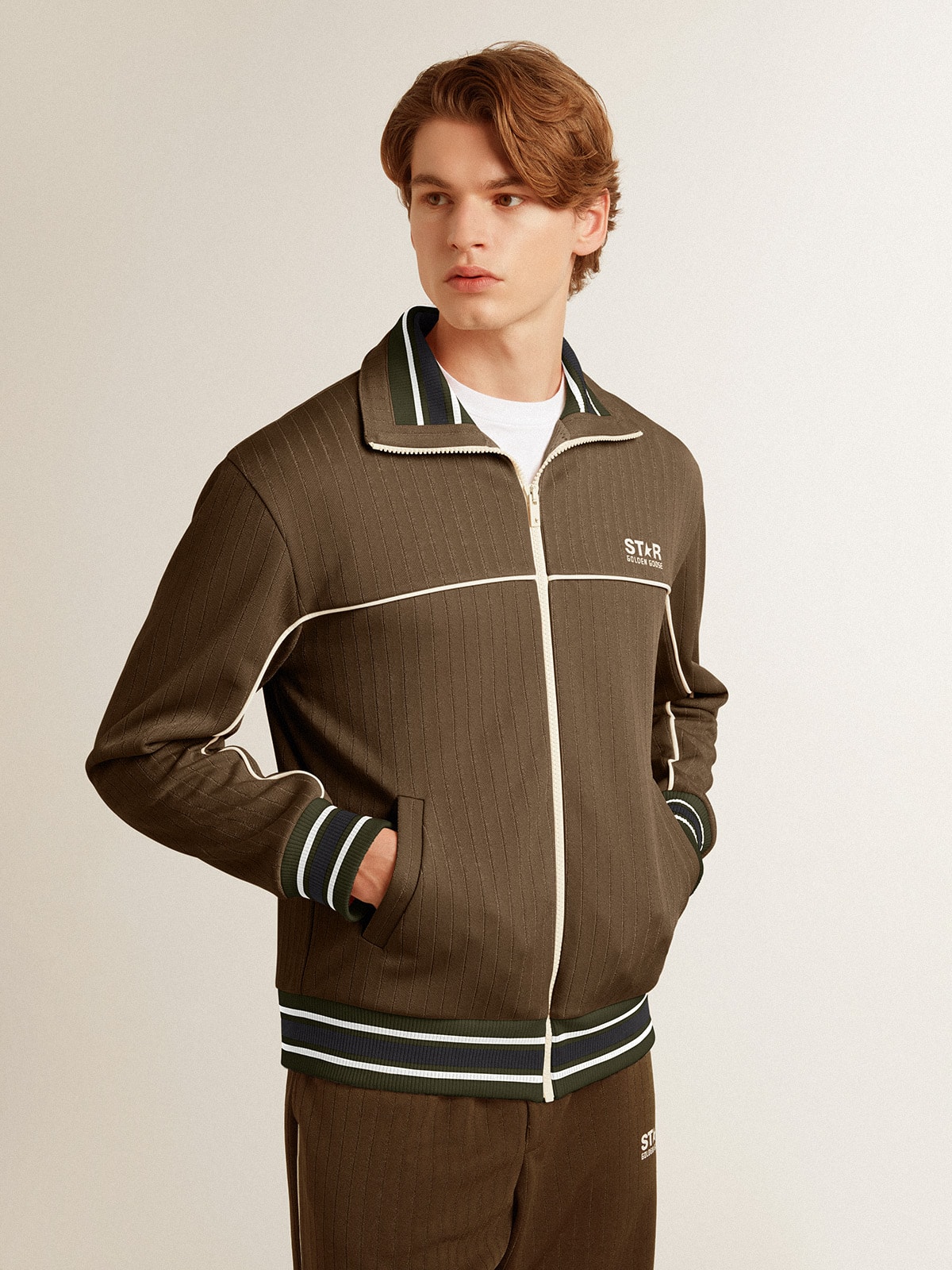 Men's military green zipped sweatshirt with white logo