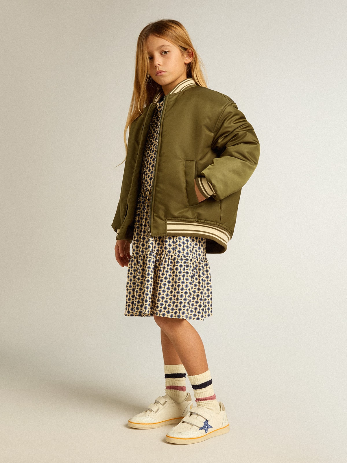 Girls' dress with geometric print and removable collar